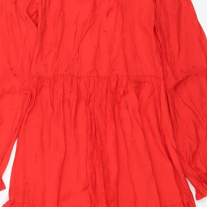 Marks and Spencer Womens Red Geometric Viscose A-Line Size 8 Crew Neck Pullover - Keyhole neck, Pleated