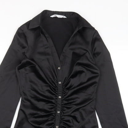 Zara Womens Black Polyester Shirt Dress Size S Collared Zip - Ruched, Buttons