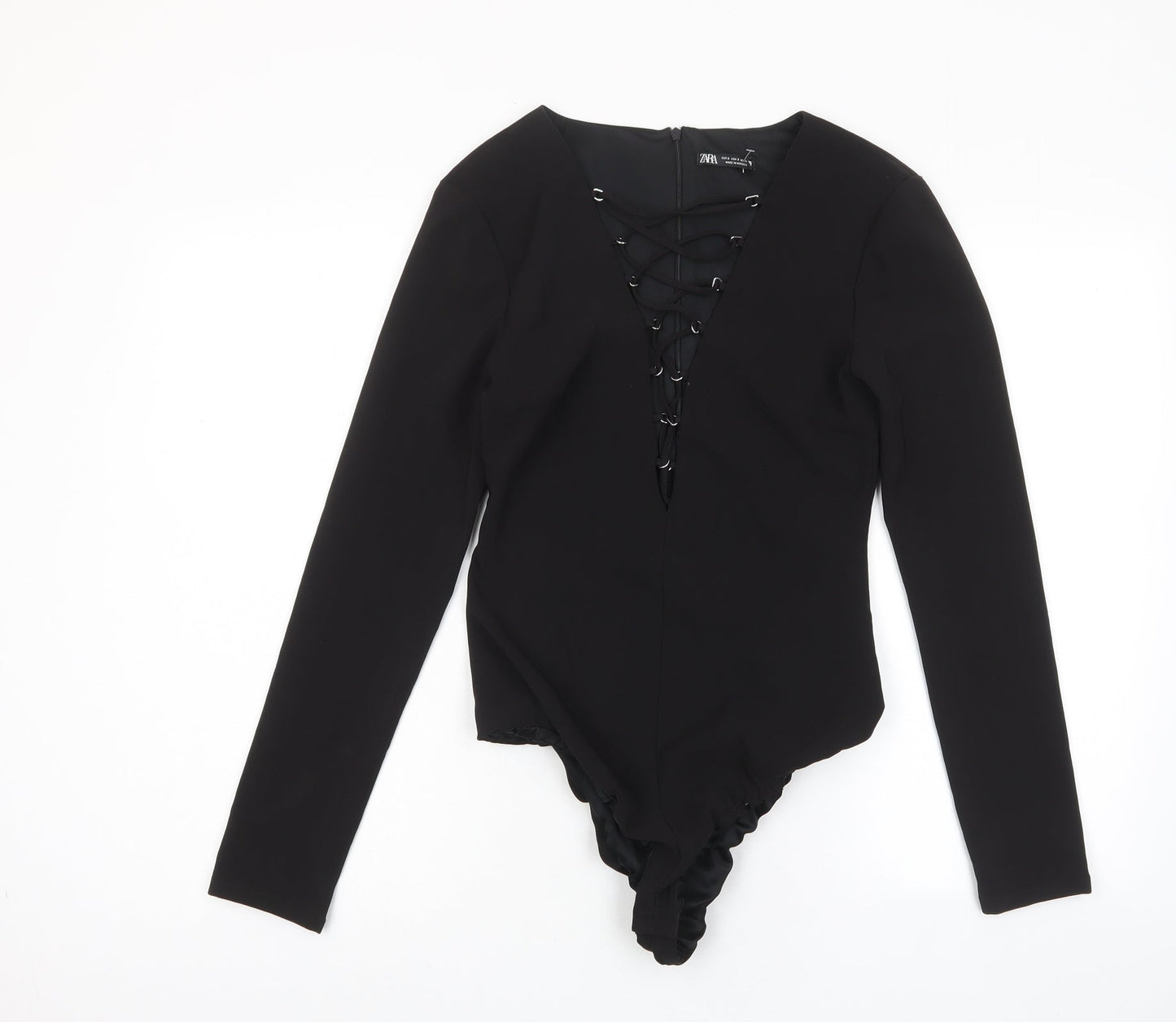 Zara Womens Black Polyester Bodysuit One-Piece Size S Zip - Cross neckline