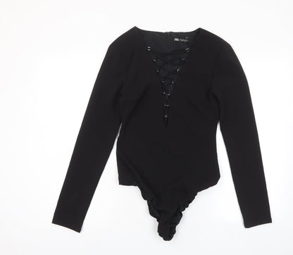 Zara Womens Black Polyester Bodysuit One-Piece Size S Zip - Cross neckline