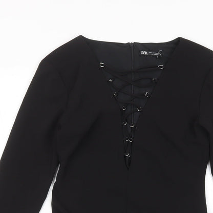Zara Womens Black Polyester Bodysuit One-Piece Size S Zip - Cross neckline