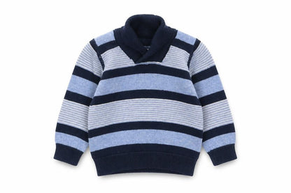 Front view of Early Days boys’ blue striped cotton jumper, size 0-3, months pullover