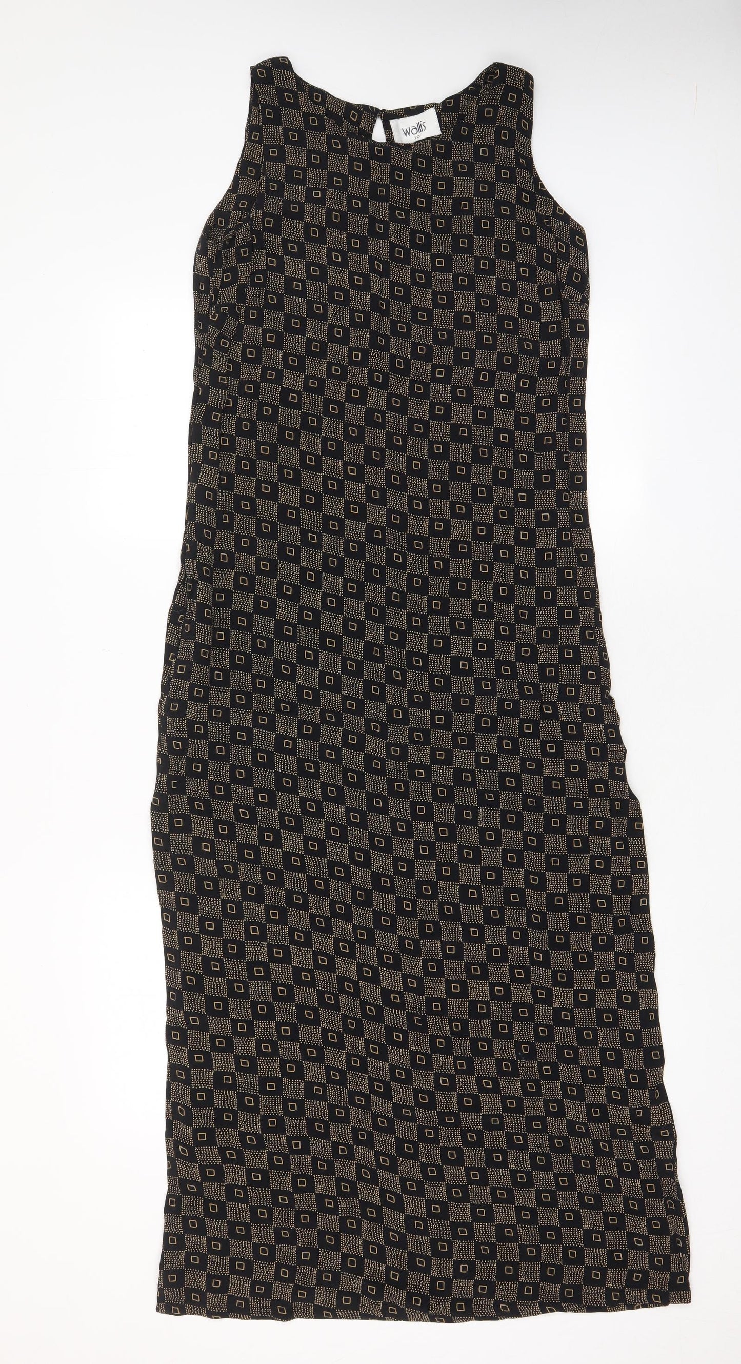 Wallis Womens Brown Geometric Viscose A-Line Size 10 Boat Neck Button - Side slit