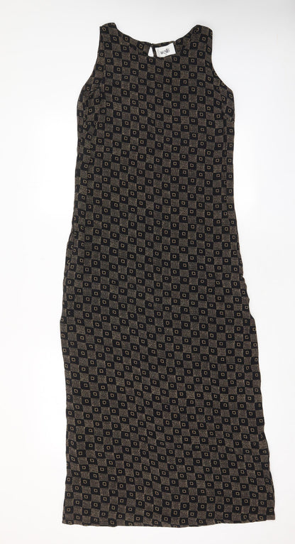 Wallis Womens Brown Geometric Viscose A-Line Size 10 Boat Neck Button - Side slit
