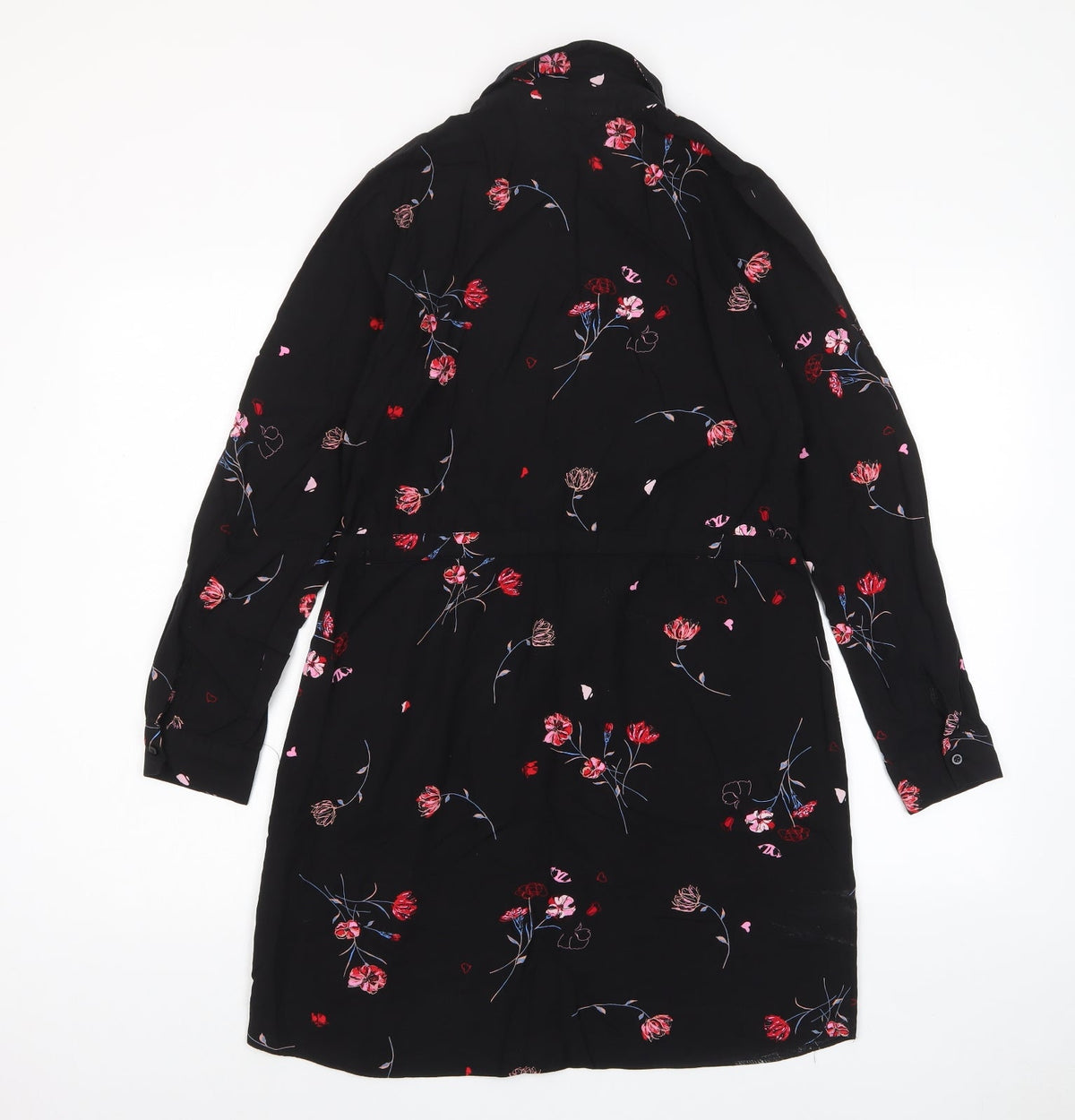 Warehouse Womens Black Floral Viscose A-Line Size 10 Collared Button - Belted