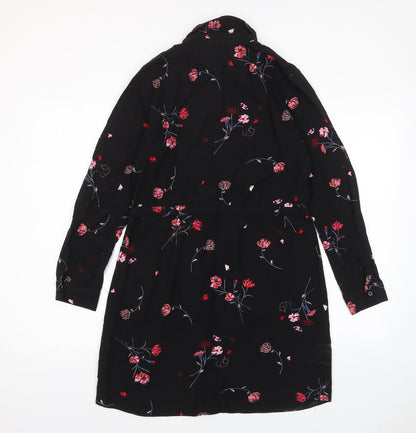Warehouse Womens Black Floral Viscose A-Line Size 10 Collared Button - Belted
