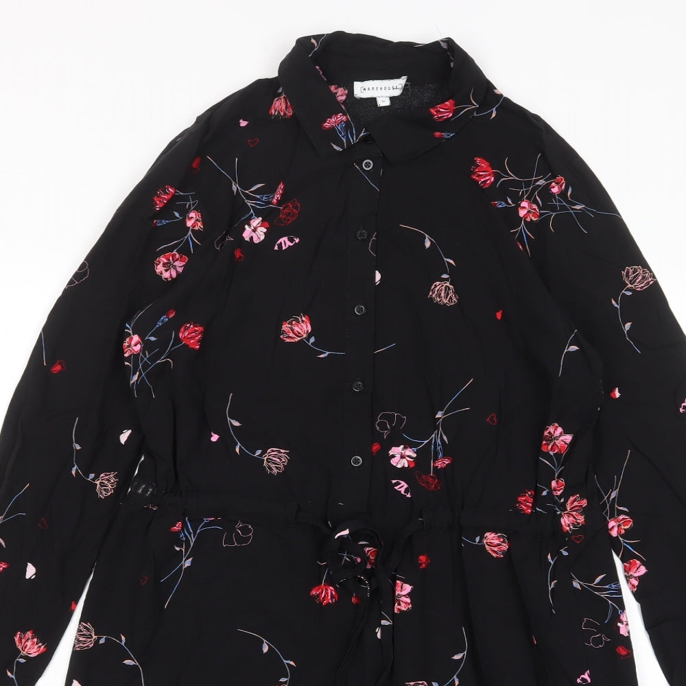 Warehouse Womens Black Floral Viscose A-Line Size 10 Collared Button - Belted