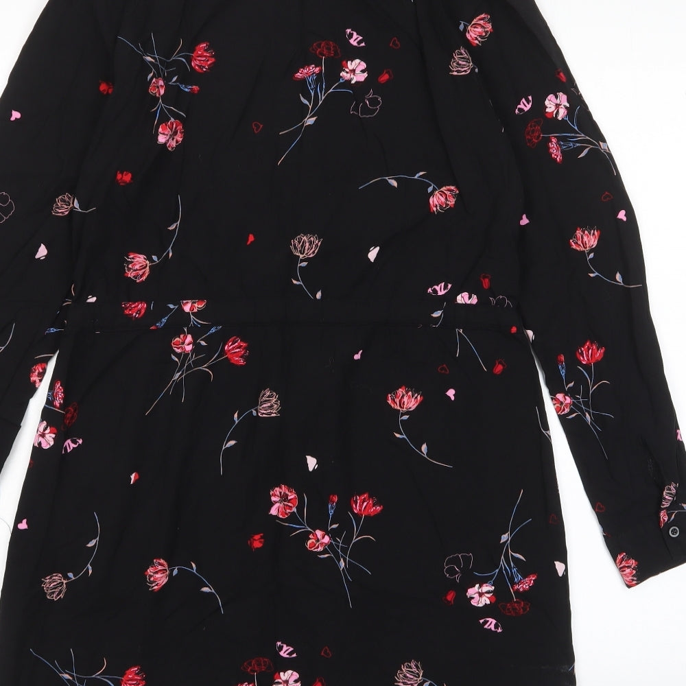 Warehouse Womens Black Floral Viscose A-Line Size 10 Collared Button - Belted