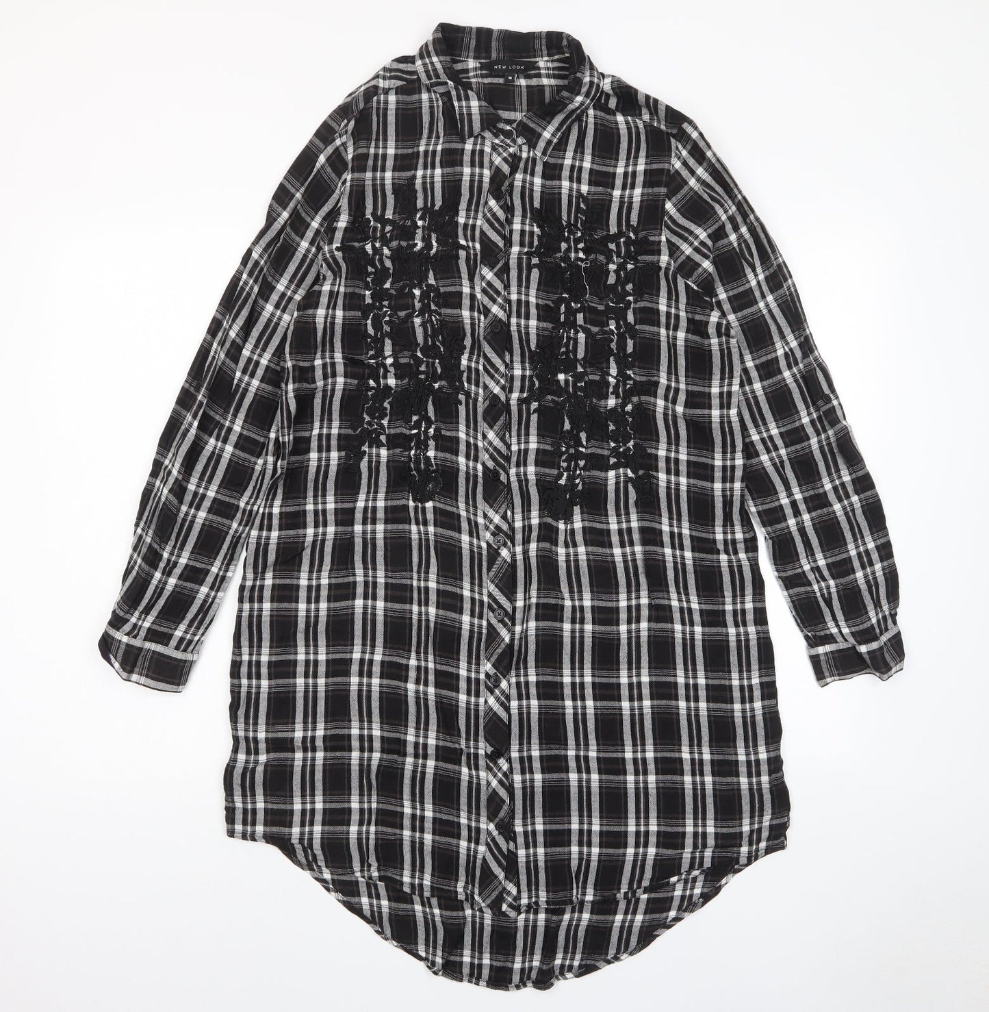 New Look Womens Grey Plaid Viscose Shift Size 10 Collared Button - Embroidered