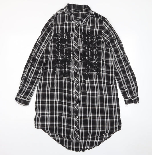New Look Womens Grey Plaid Viscose Shift Size 10 Collared Button - Embroidered
