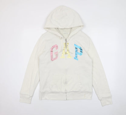 Gap Womens White Cotton Full Zip Hoodie Size M Zip - Logo, Pockets