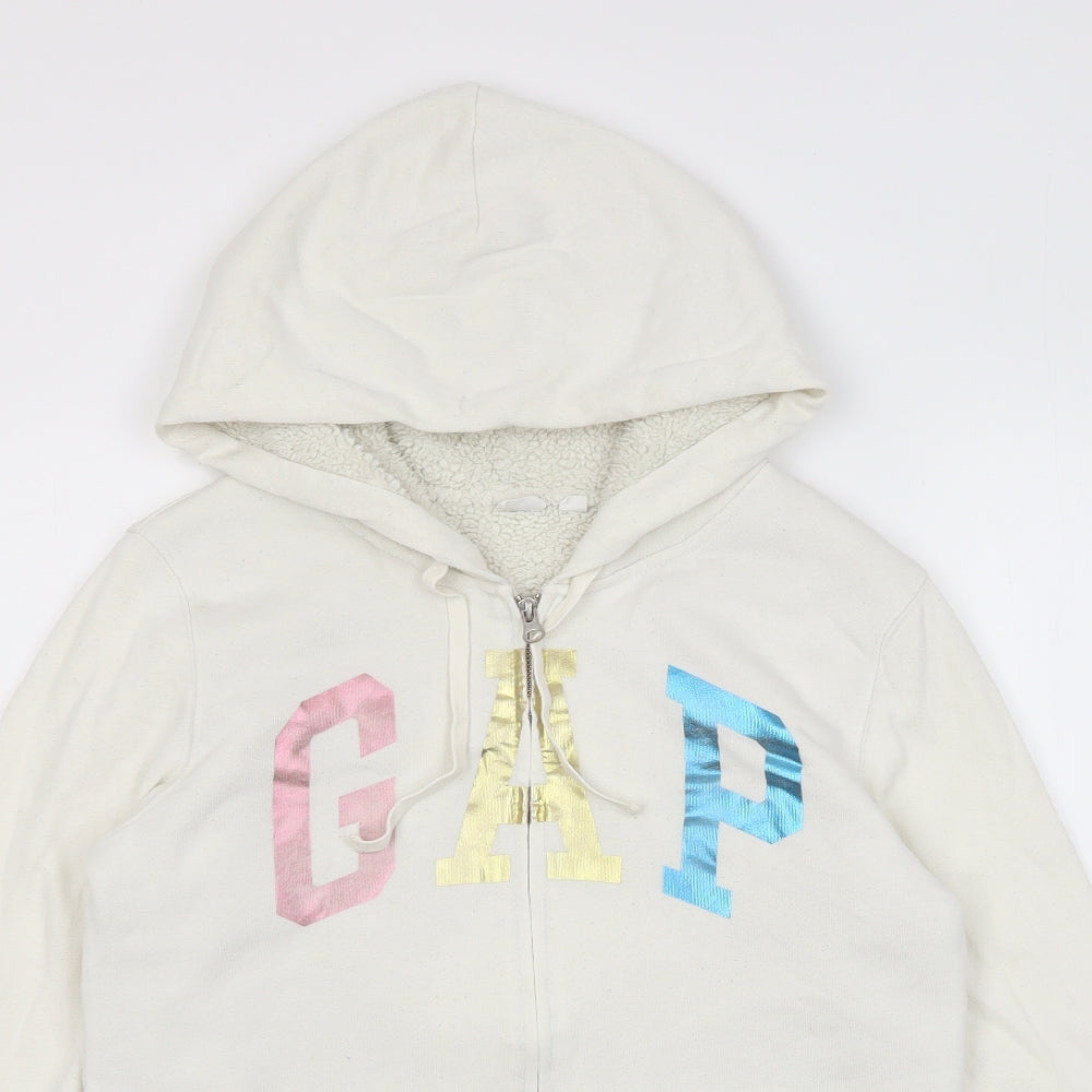 Gap Womens White Cotton Full Zip Hoodie Size M Zip - Logo, Pockets