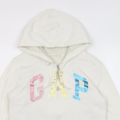 Gap Womens White Cotton Full Zip Hoodie Size M Zip - Logo, Pockets