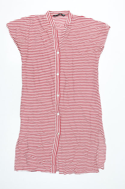 Zara Womens Red Striped Viscose T-Shirt Dress Size S V-Neck Button