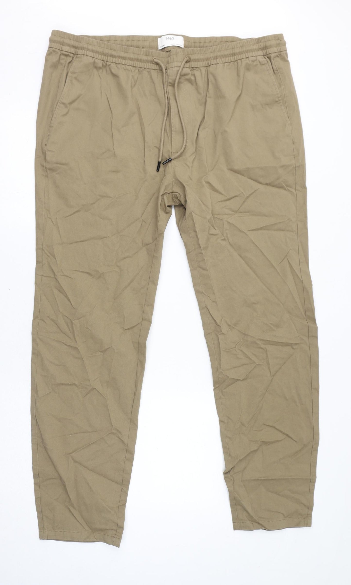 Marks and Spencer Mens Brown Cotton Jogger Trousers Size 2XL L32 in Regular Drawstring