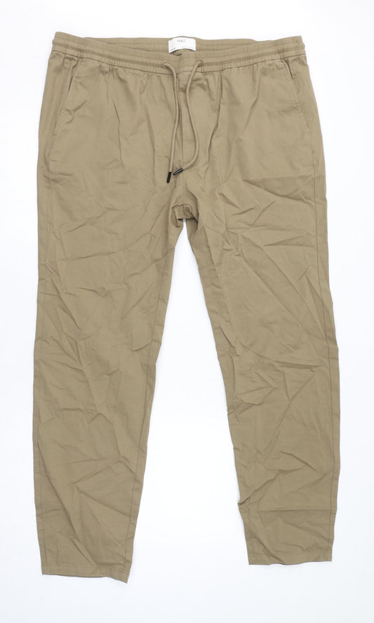 Marks and Spencer Mens Brown Cotton Jogger Trousers Size 2XL L32 in Regular Drawstring