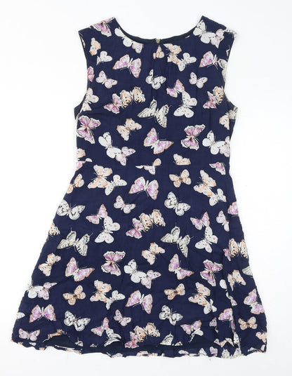 Oasis Womens Blue Geometric Viscose Tank Dress Size 12 Round Neck Zip - Butterflies