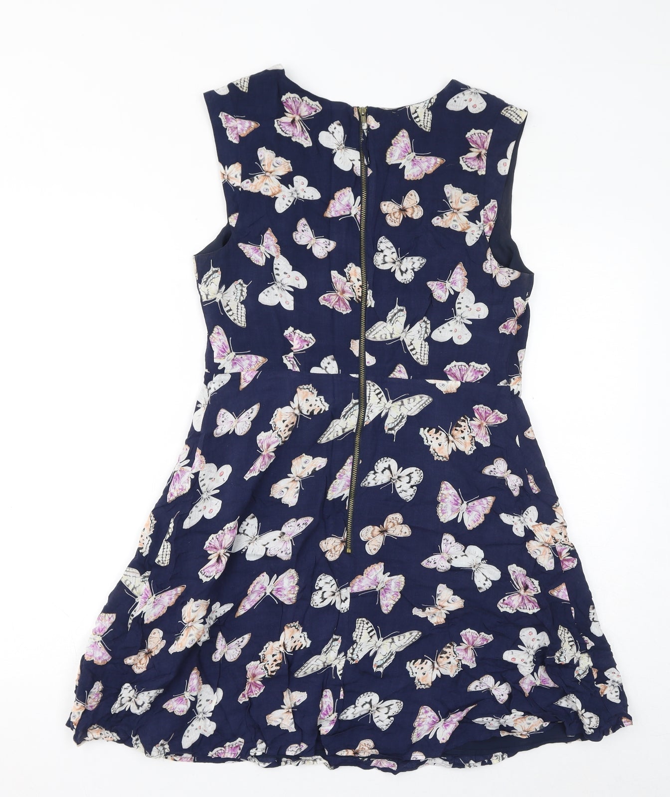 Oasis Womens Blue Geometric Viscose Tank Dress Size 12 Round Neck Zip - Butterflies