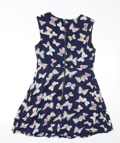 Oasis Womens Blue Geometric Viscose Tank Dress Size 12 Round Neck Zip - Butterflies