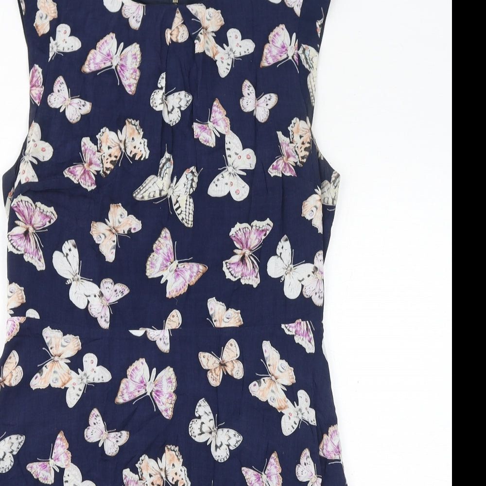 Oasis Womens Blue Geometric Viscose Tank Dress Size 12 Round Neck Zip - Butterflies