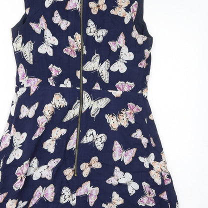 Oasis Womens Blue Geometric Viscose Tank Dress Size 12 Round Neck Zip - Butterflies