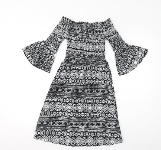 Cameo Rose Womens Black Geometric Polyester Fit & Flare Size 8 Off the Shoulder Pullover