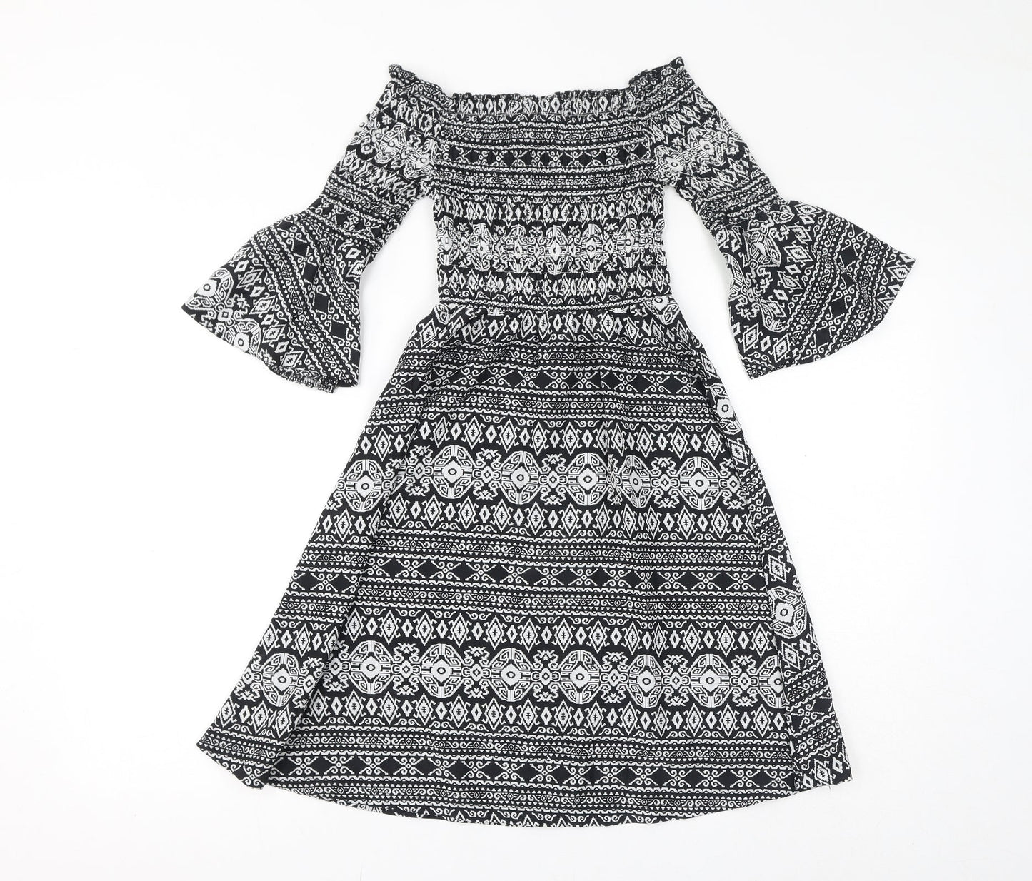 Cameo Rose Womens Black Geometric Polyester Fit & Flare Size 8 Off the Shoulder Pullover