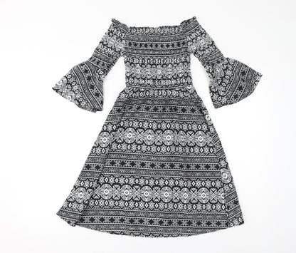 Cameo Rose Womens Black Geometric Polyester Fit & Flare Size 8 Off the Shoulder Pullover