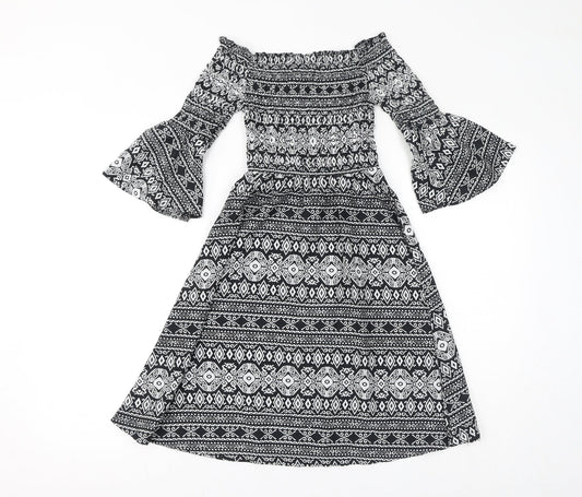 Cameo Rose Womens Black Geometric Polyester Fit & Flare Size 8 Off the Shoulder Pullover