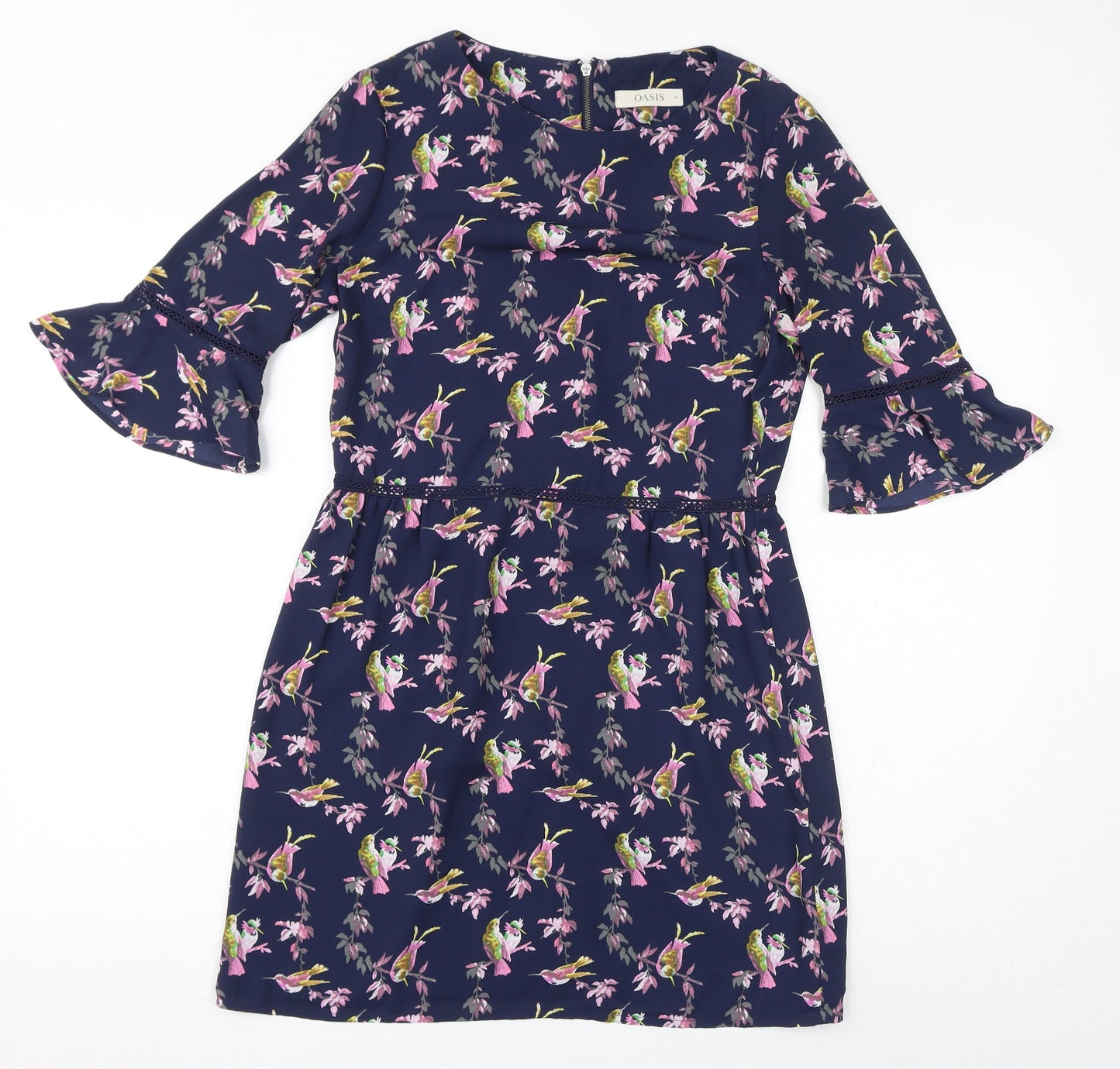 Oasis Womens Blue Floral Polyester A-Line Size 10 Boat Neck Zip - Birds