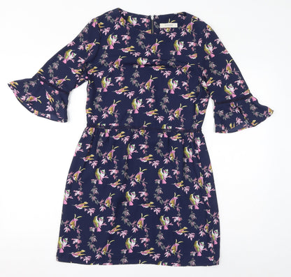 Oasis Womens Blue Floral Polyester A-Line Size 10 Boat Neck Zip - Birds