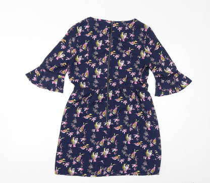 Oasis Womens Blue Floral Polyester A-Line Size 10 Boat Neck Zip - Birds