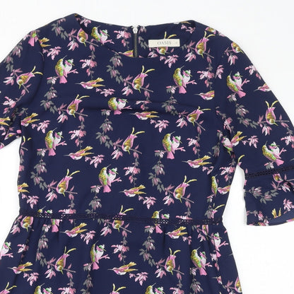 Oasis Womens Blue Floral Polyester A-Line Size 10 Boat Neck Zip - Birds