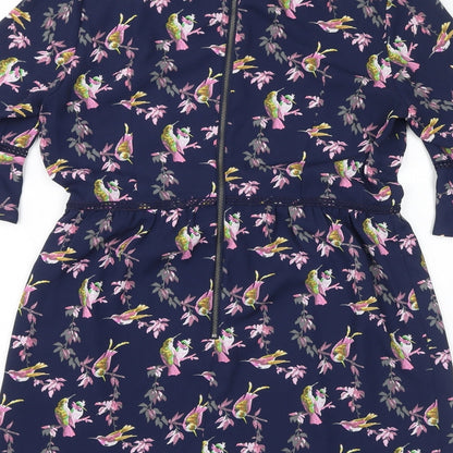 Oasis Womens Blue Floral Polyester A-Line Size 10 Boat Neck Zip - Birds