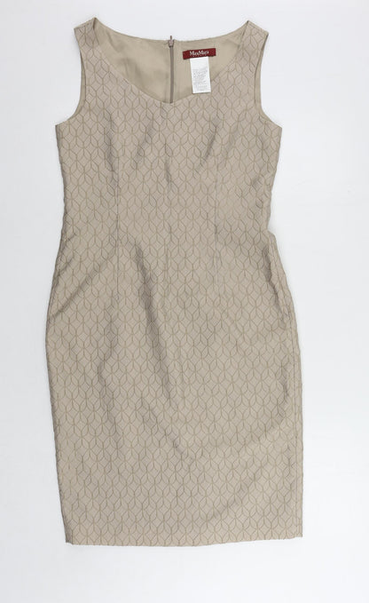 Max Mara Womens Brown Geometric Acetate Pencil Dress Size 10 Boat Neck Zip - Textured
