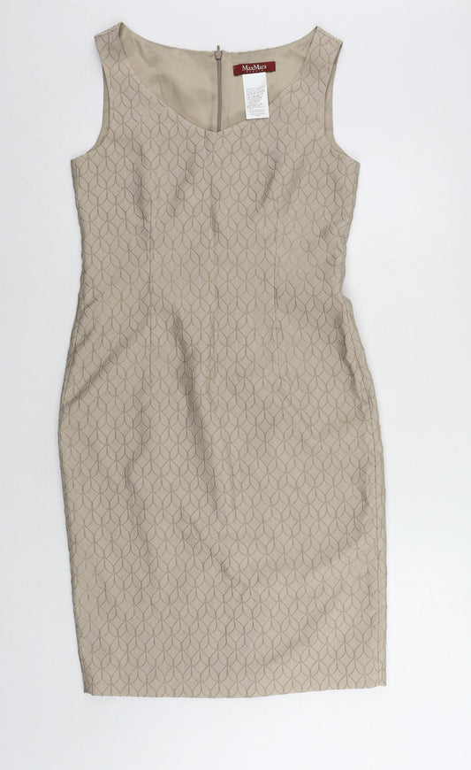 Max Mara Womens Brown Geometric Acetate Pencil Dress Size 10 Boat Neck Zip - Textured