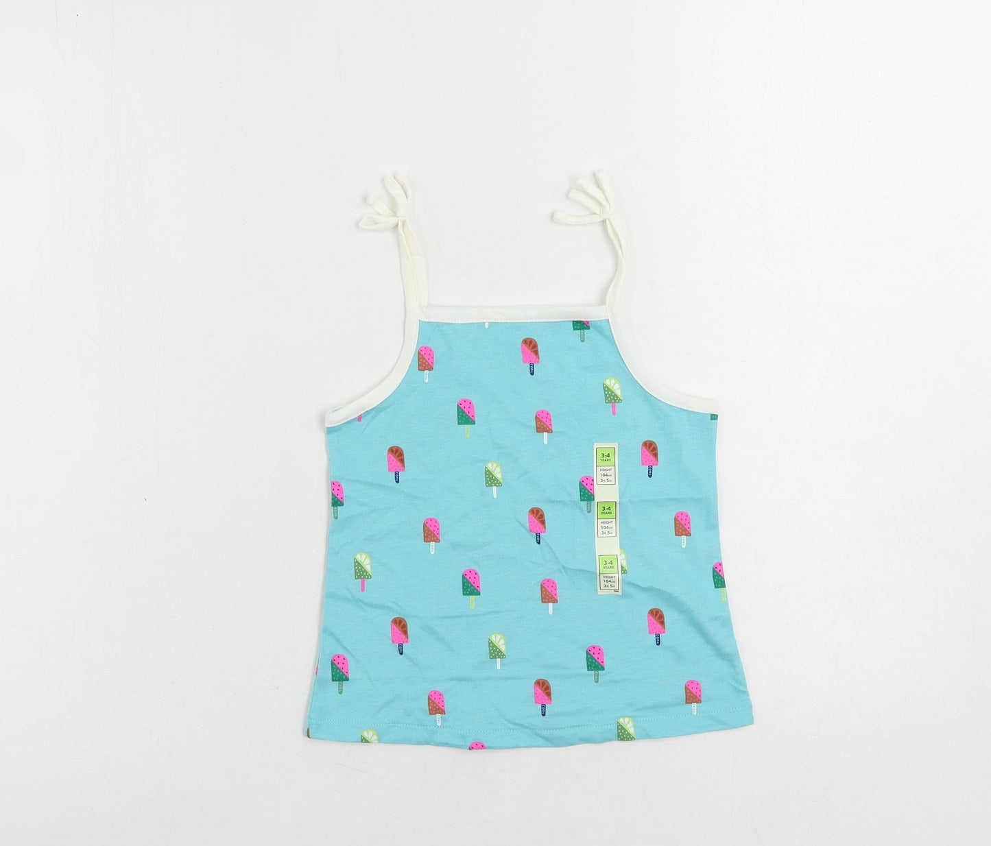 Marks and Spencer Girls Blue Geometric Cotton Camisole Tank Size 3-4 Years Square Neck Pullover - Ice Cream Print