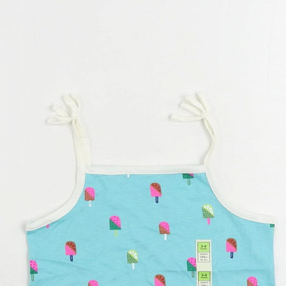 Marks and Spencer Girls Blue Geometric Cotton Camisole Tank Size 3-4 Years Square Neck Pullover - Ice Cream Print
