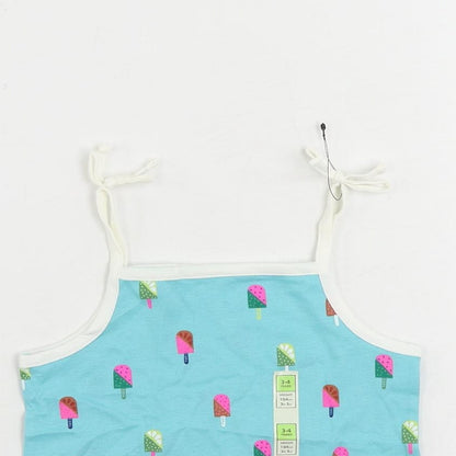 Marks and Spencer Girls Blue Geometric Cotton Camisole Tank Size 3-4 Years Square Neck Pullover - Ice Cream Print