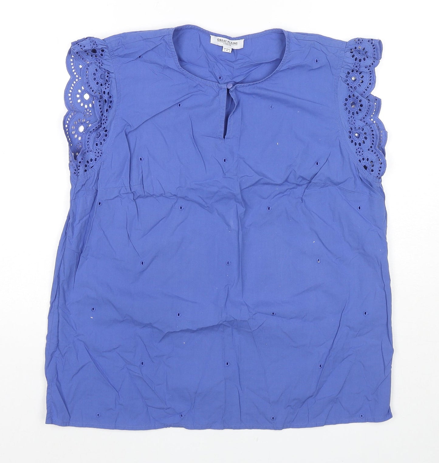 Great Plains London Womens Blue Cotton Basic Blouse Size 12 Round Neck - Embraided