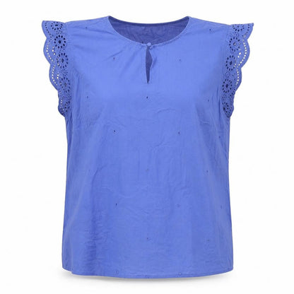 Great Plains London Womens Blue Cotton Basic Blouse Size 12 Round Neck - Embraided