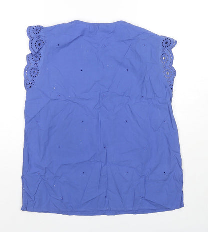 Great Plains London Womens Blue Cotton Basic Blouse Size 12 Round Neck - Embraided
