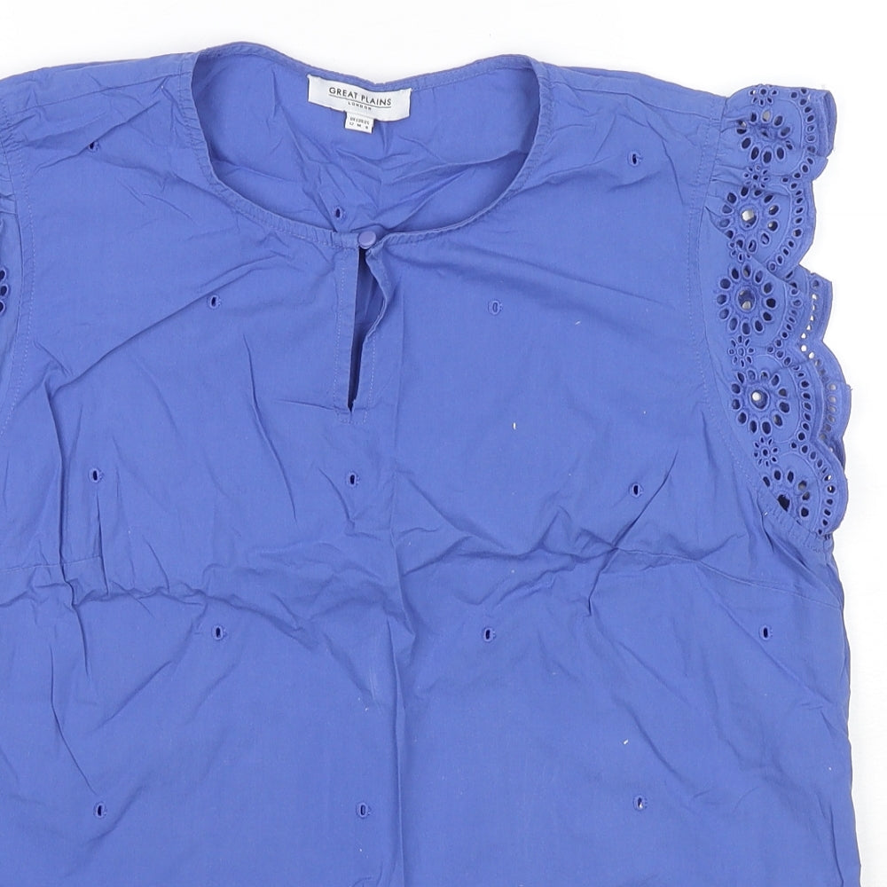 Great Plains London Womens Blue Cotton Basic Blouse Size 12 Round Neck - Embraided