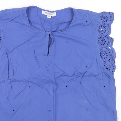 Great Plains London Womens Blue Cotton Basic Blouse Size 12 Round Neck - Embraided