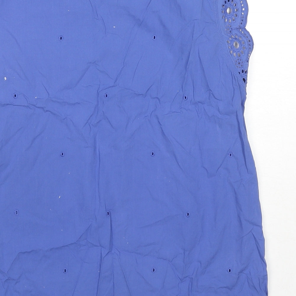 Great Plains London Womens Blue Cotton Basic Blouse Size 12 Round Neck - Embraided