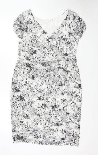 Roman Womens Grey Floral Polyester A-Line Size 14 V-Neck Pullover - Ruffle Detail