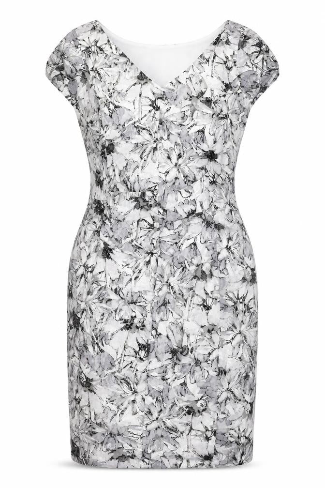 Roman Womens Grey Floral Polyester A-Line Size 14 V-Neck Pullover - Ruffle Detail