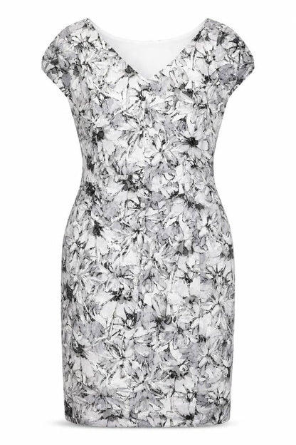 Roman Womens Grey Floral Polyester A-Line Size 14 V-Neck Pullover - Ruffle Detail