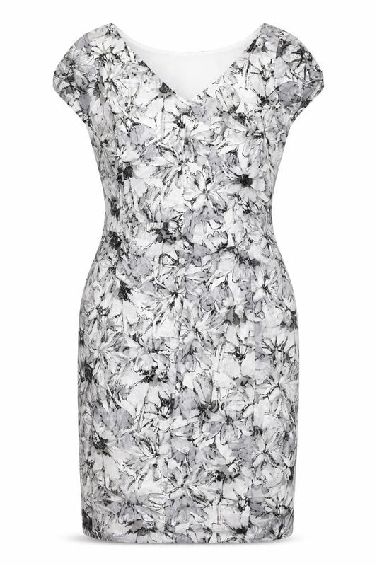 Front view of Roman women’s grey floral polyester a-line, size UK 14, v-neck pullover - ruffle detail