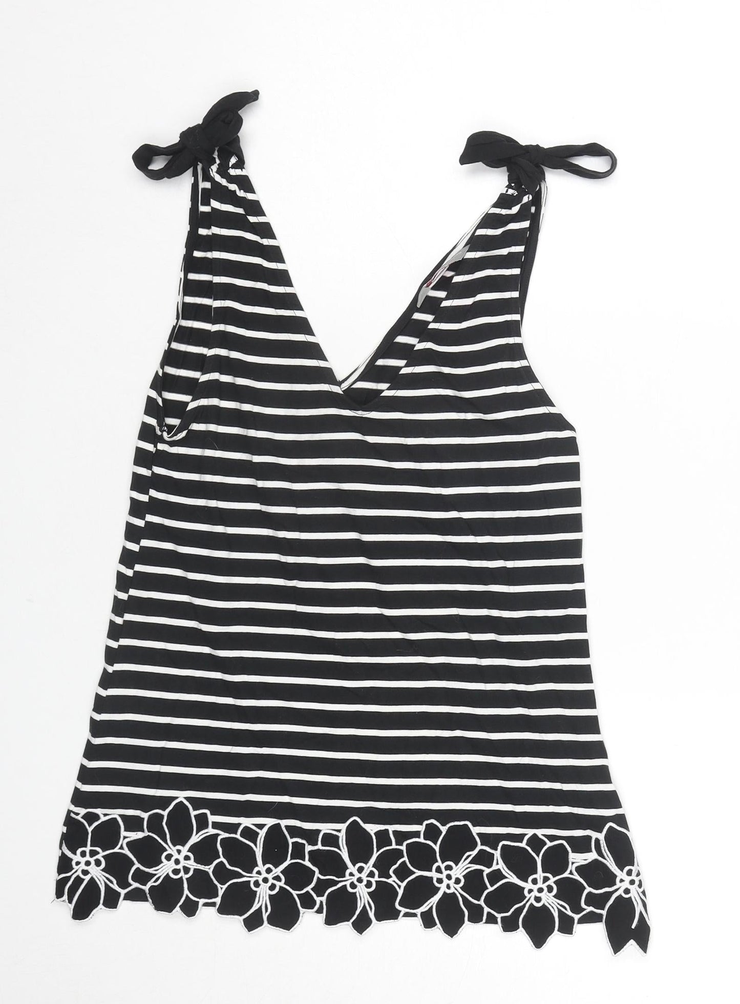 Dorothy Perkins Womens Black Striped Cotton Basic Tank Size 10 V-Neck - Flower Detail